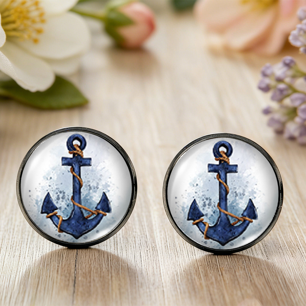 Blue Anchor Illustration Round Stud Earrings